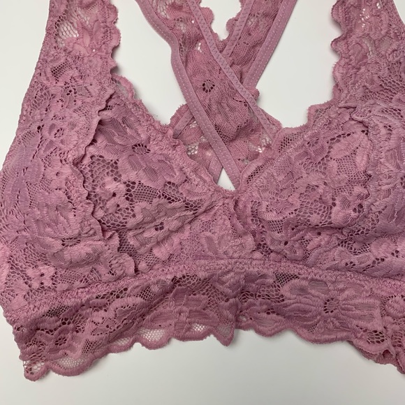 Boho Lavender delicate lace Bralette Sz S womens criss-cross back Stretchy lined - Picture 4 of 11